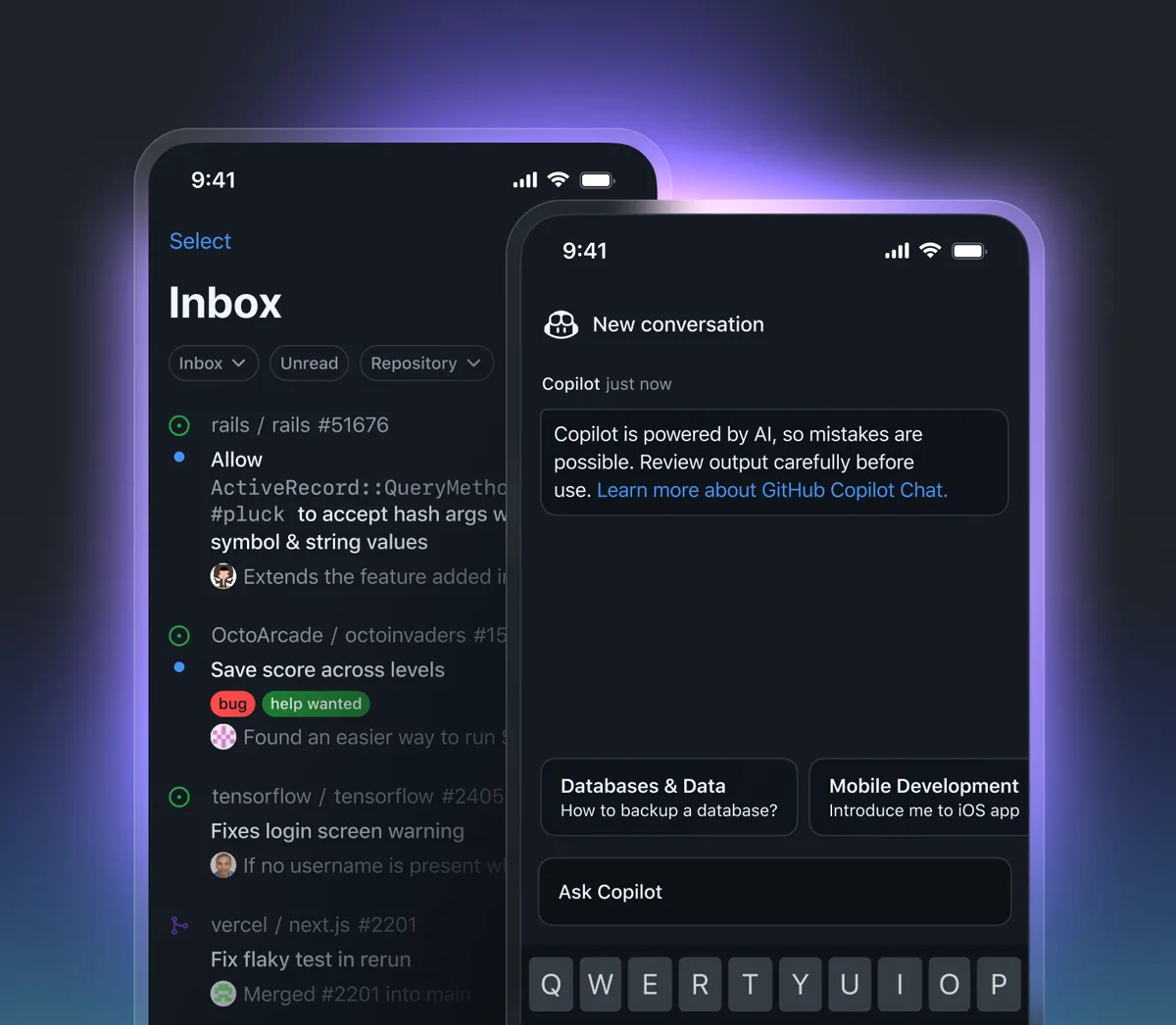 Interface de GitHub Copilot sur smartphone