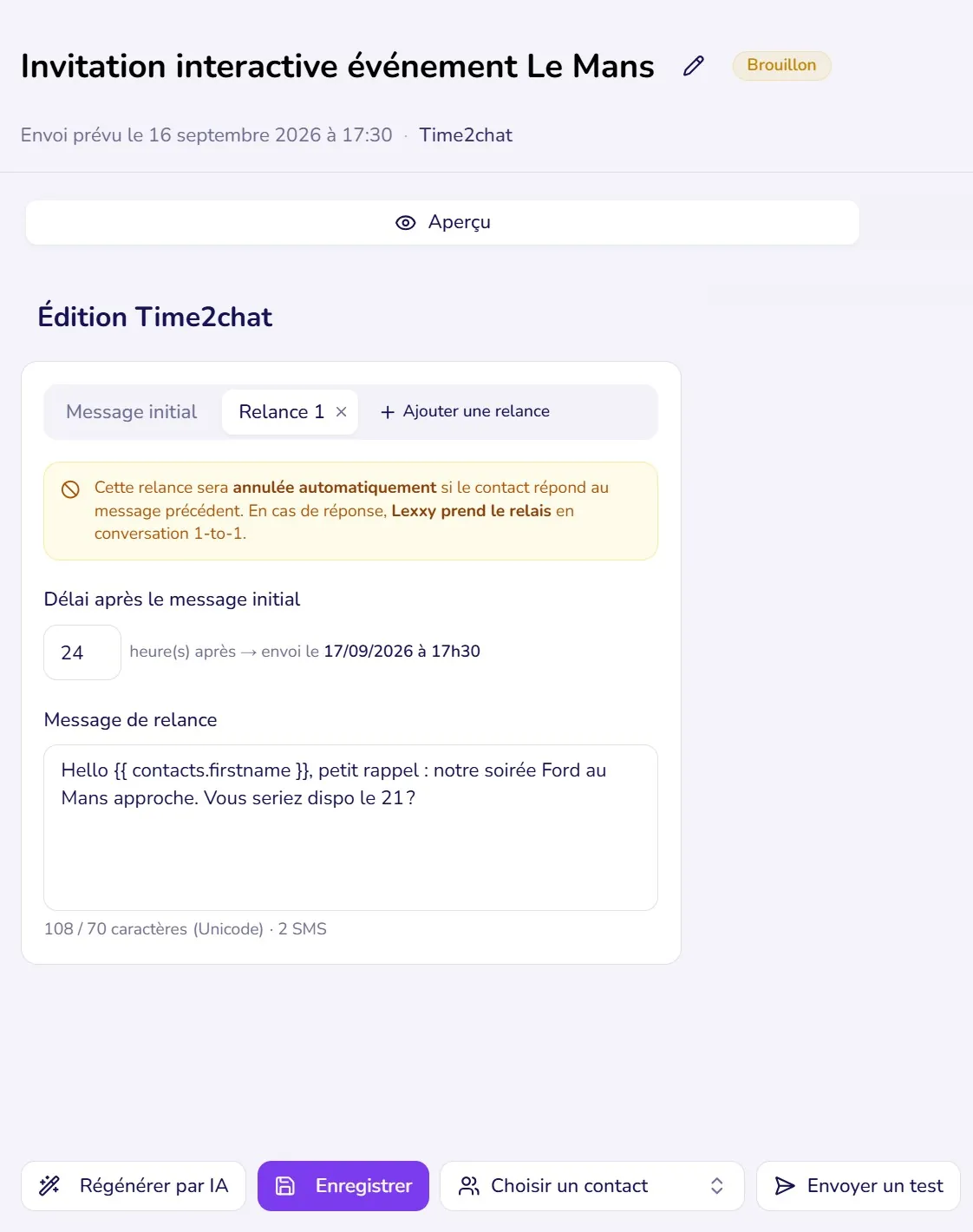 Configuration SMS conversationnel dans Lexxy