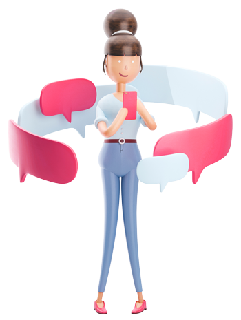 Femme avec son smartphone entourée de bulle de conversation