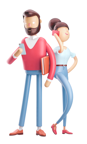 Un homme consulte son téléphone et une femme en conversation téléphonique